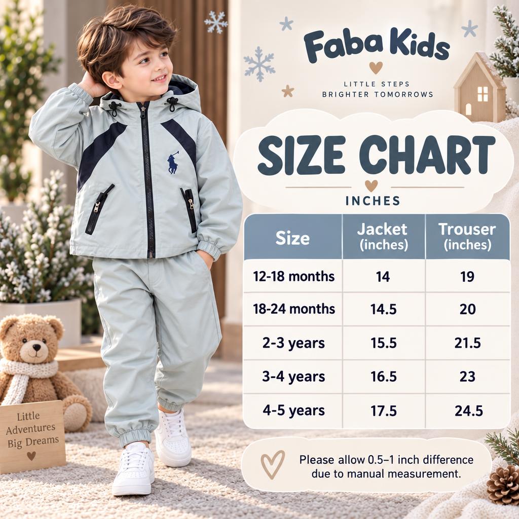 Faba Kids size chart for boys hooded jacket and trouser set, showing jacket and trouser measurements in inches for 12-18 months through 4-5 years.