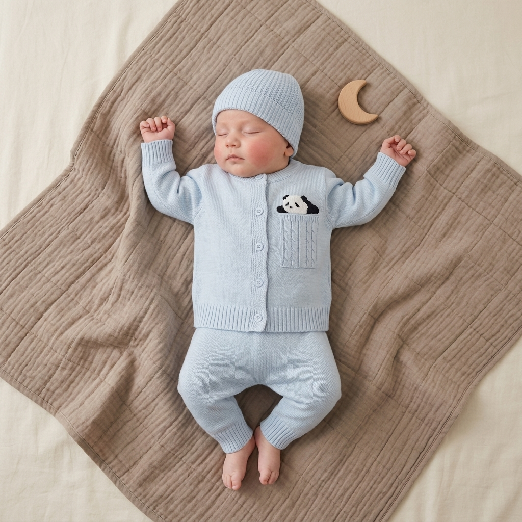 Baby wearing blue panda pocket knitted shirt and trouser set