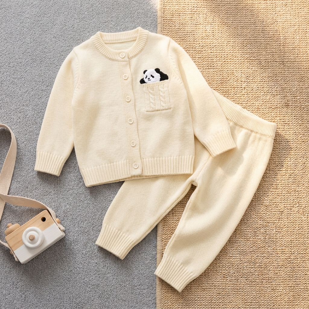 Cream panda pocket knitted 2pc baby shirt and trouser set
