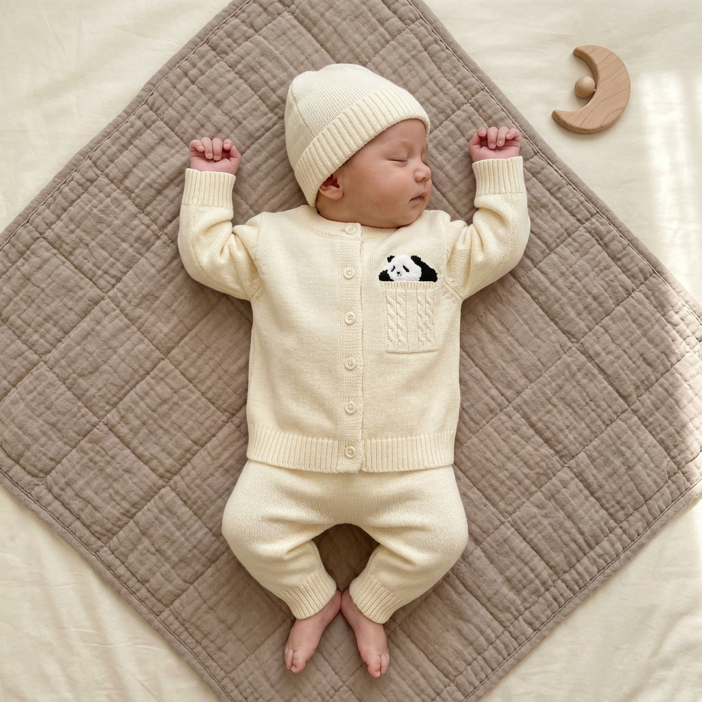 Baby wearing cream panda pocket knitted shirt and trouser set