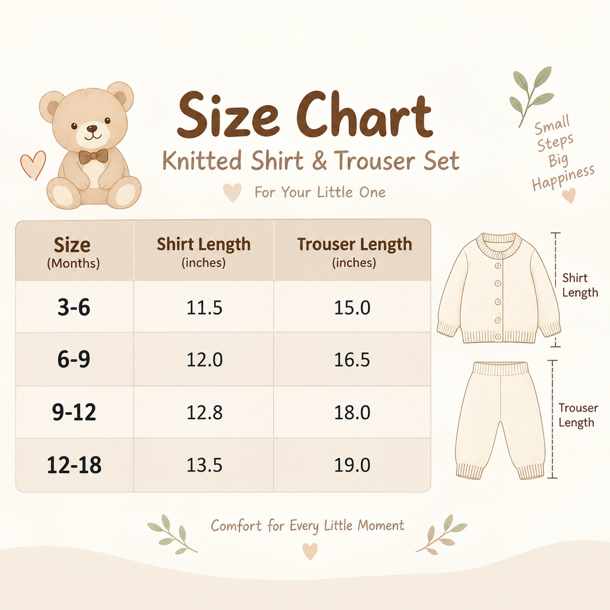 Panda pocket knitted baby set size chart 3-6 to 12-18 months
