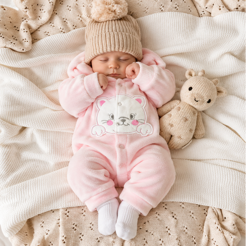 Sleeping baby wearing the Pink kitty hooded fleece romper with a large cat-face applique and white socks, styled on cream knitted blankets.