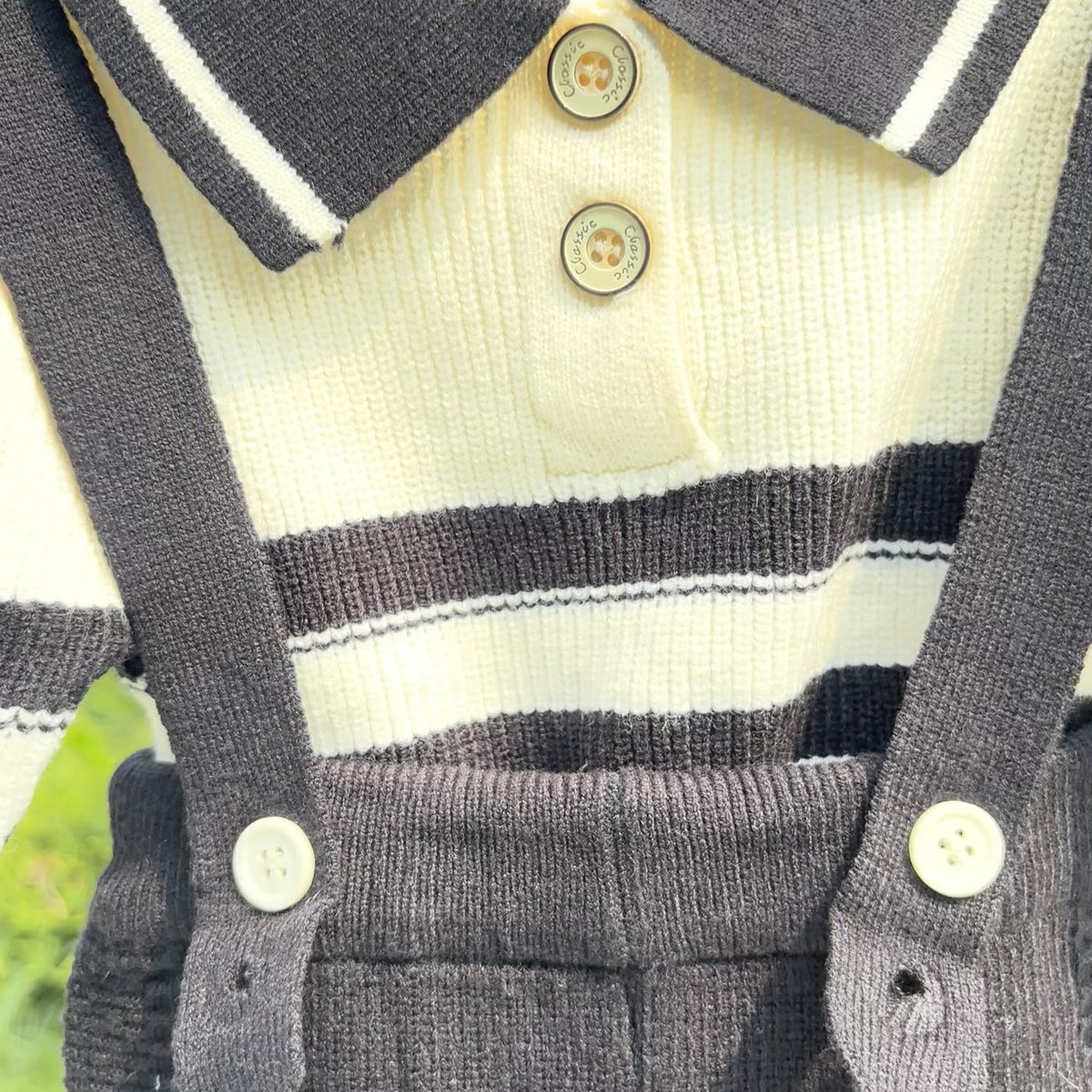 Boys 2PC Knitted Dungaree & Striped Polo Shirt Set – 3 Colors