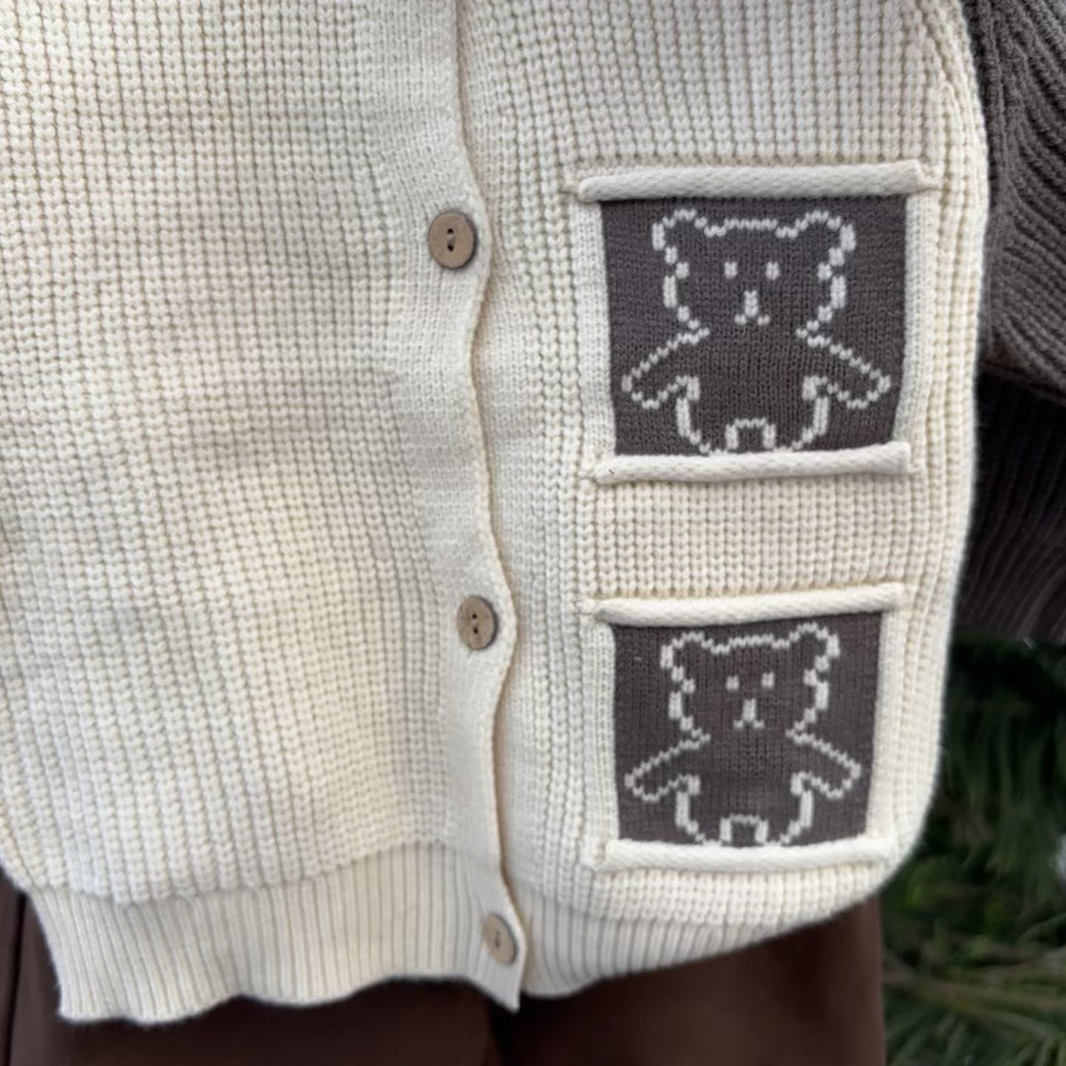Boys Bear Pocket Knit Cardigan, Striped Shirt & Cargo Trouser 3PC Suit