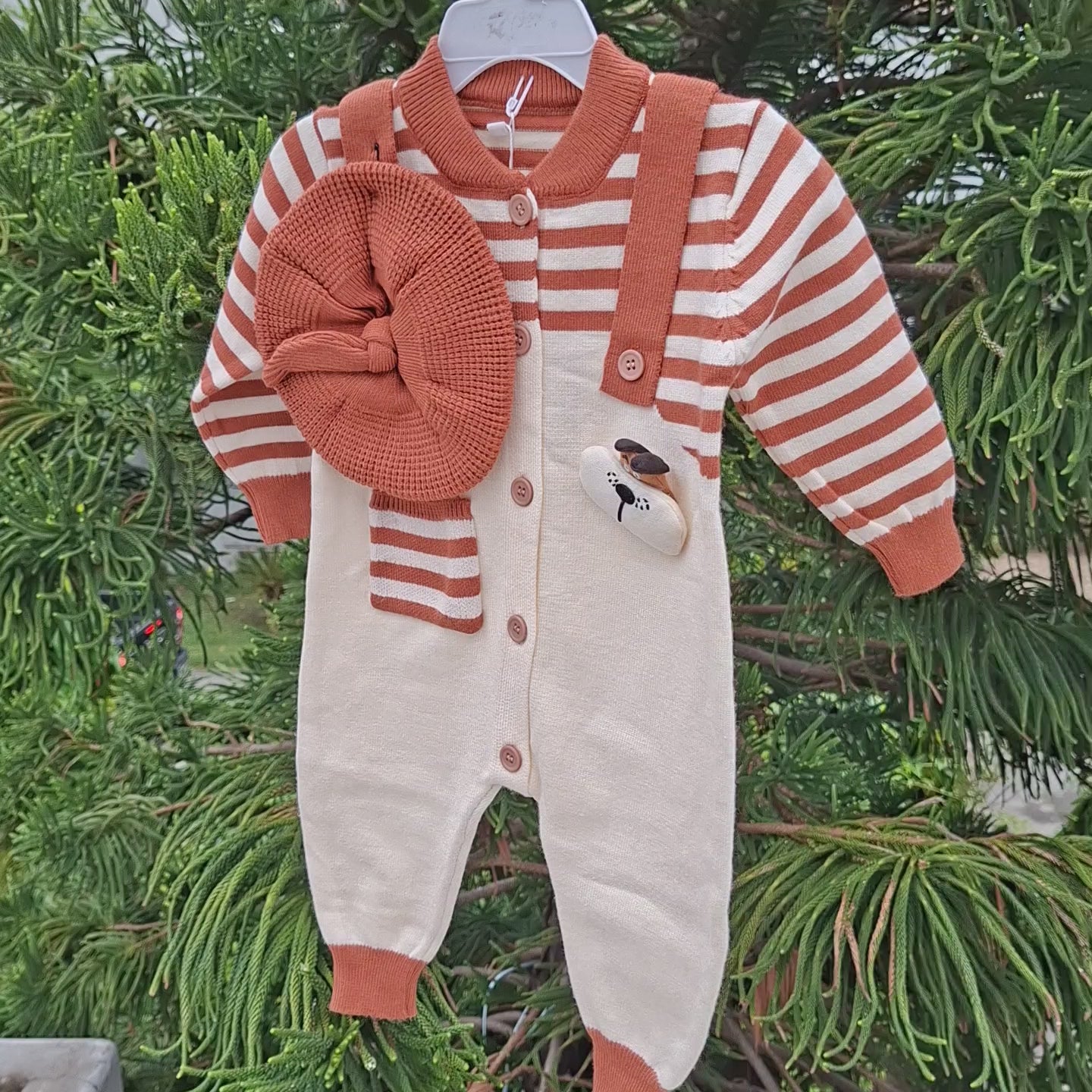 Baby Knitted Striped Romper with Beret