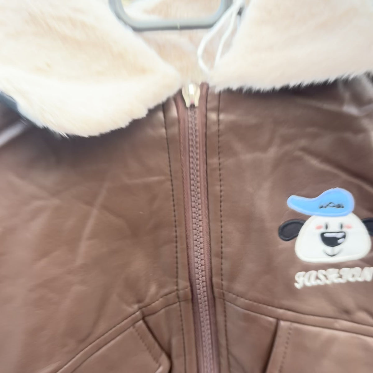Boys Bear Patch Sherpa Collar Leather Jacket