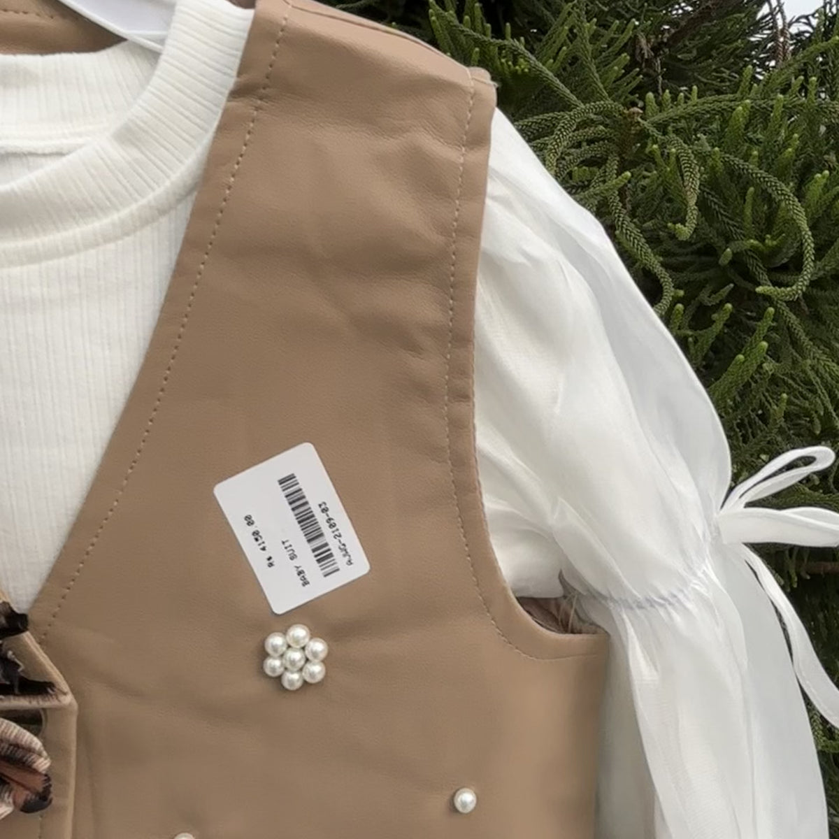 Girls Flower Leather Vest, Shirt & Pleated Skirt Set