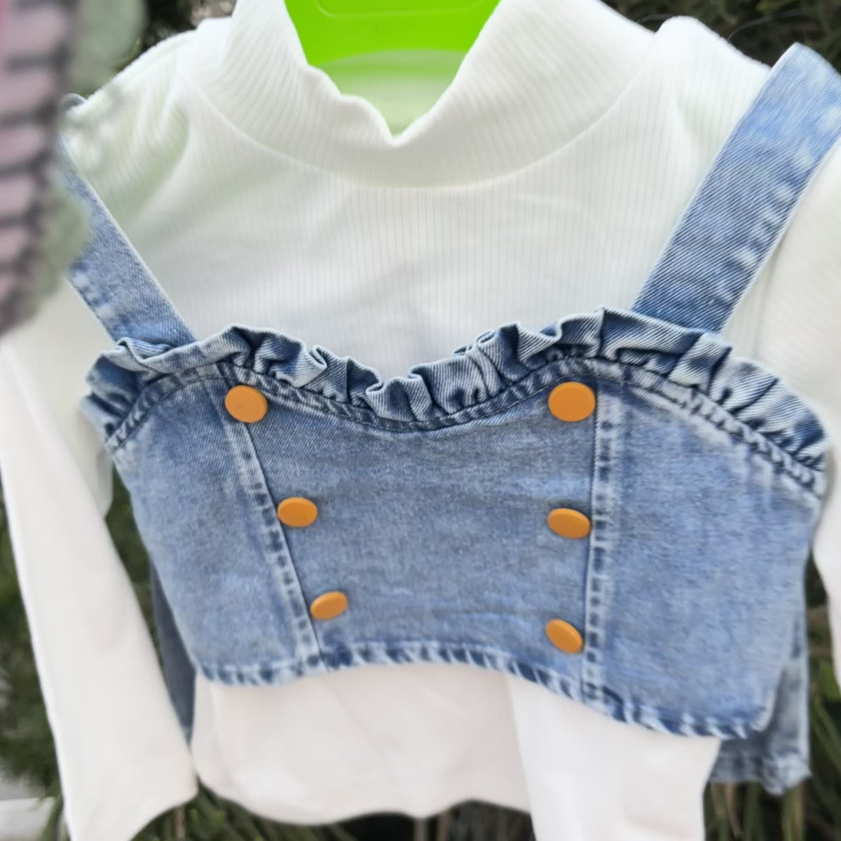 Girls Denim Ruffle Waistcoat, Ribbed Inner & Belted Skirt 3PC Set