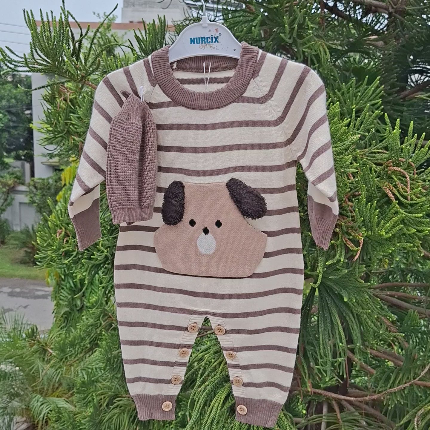 Baby Puppy Pocket Knitted Romper with Beret