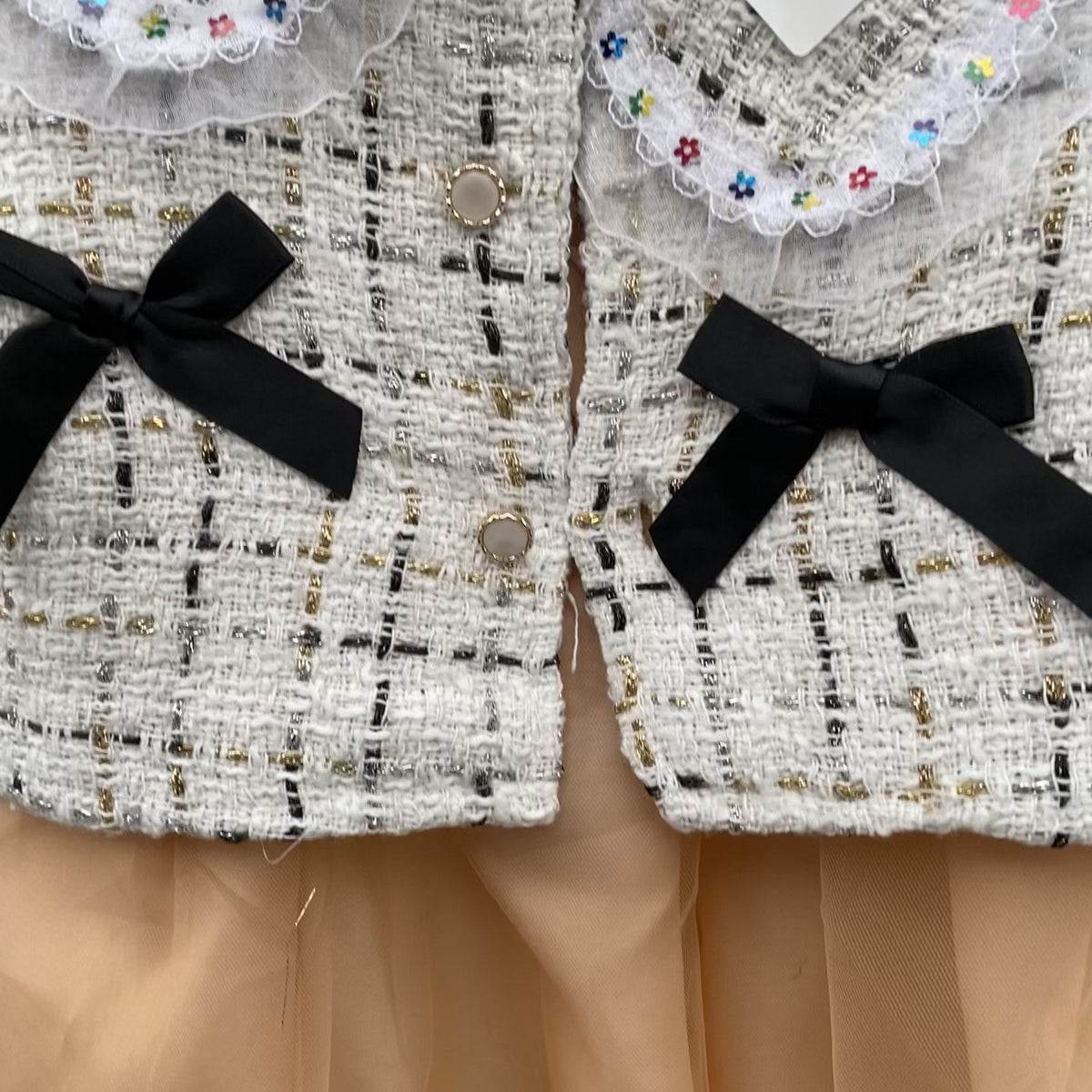 Girls Bow Tweed Jacket & Tulle Frock Set – 2 Colors