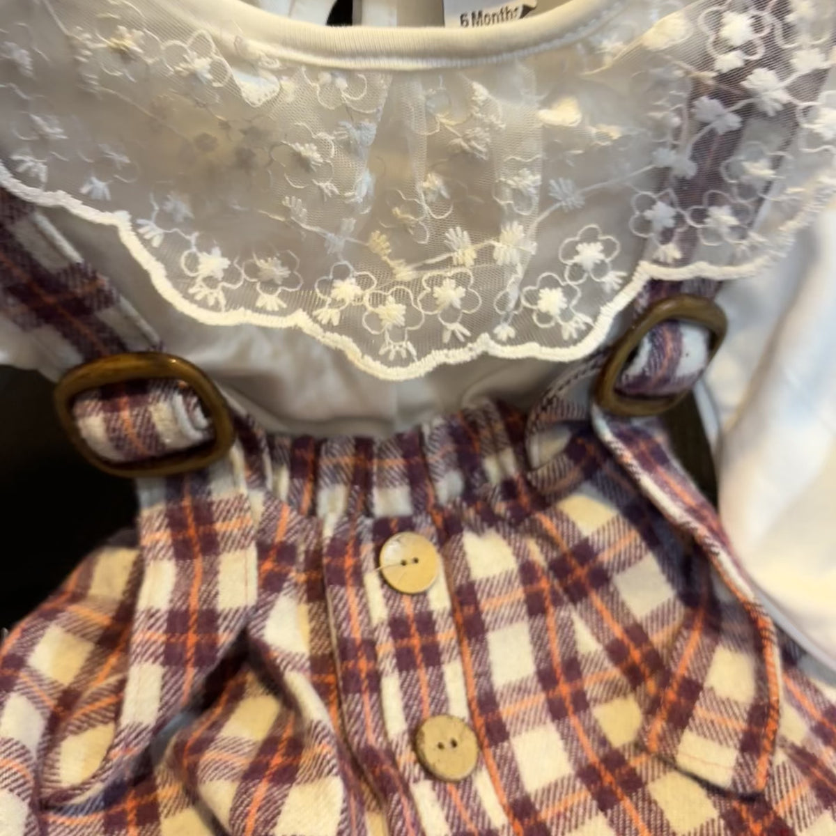 Baby Lace Collar Check Dungaree Skirt & Shirt 2PC Set