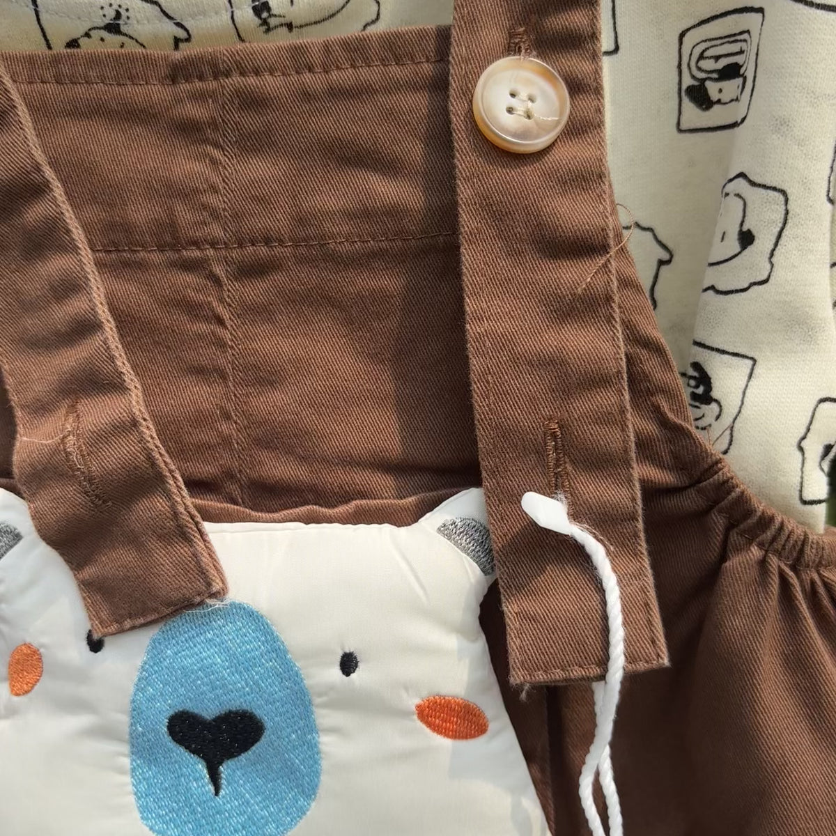 Boys 2PC Bear Dungaree & Printed Shirt Set – 3 Colors