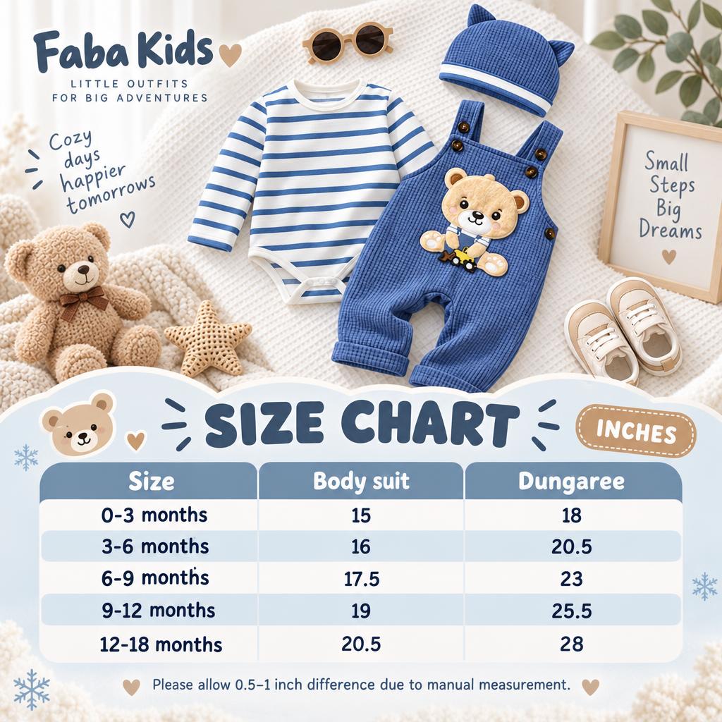 Faba Kids size chart for the blue bear body suit, dungaree and cap set, showing body suit and dungaree measurements for 0-3 to 12-18 months.