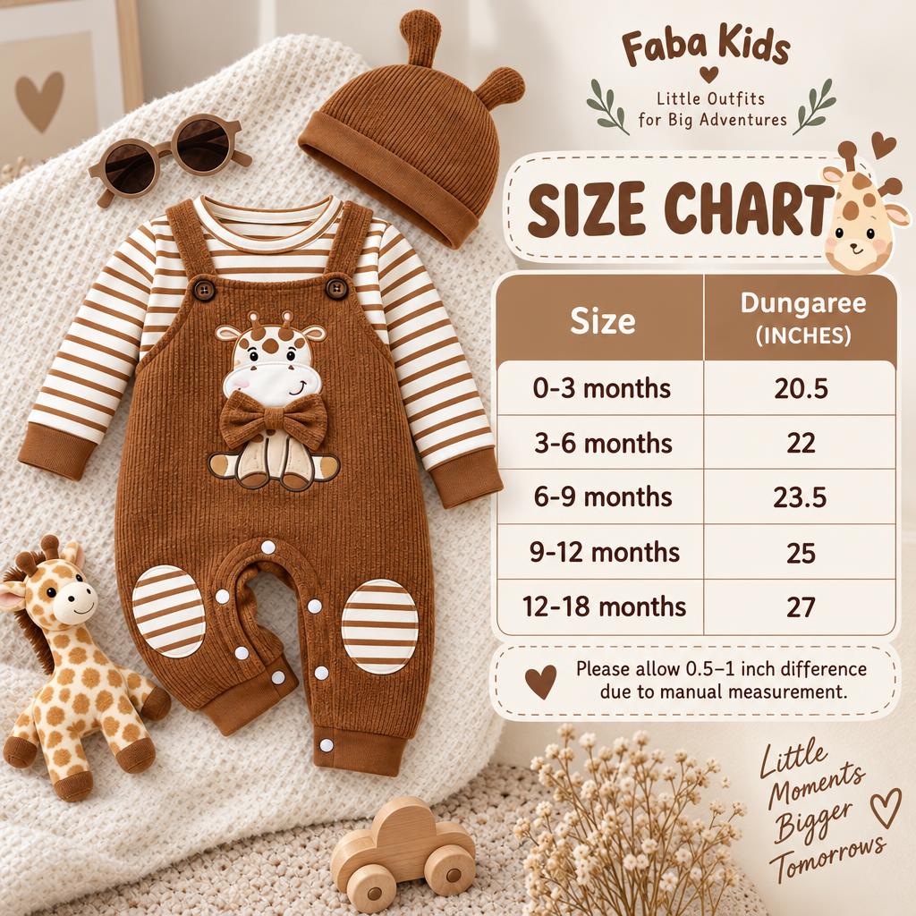 Faba Kids size chart for the Brown giraffe dungaree-style romper, showing sizes from 0-3 months to 12-18 months and dungaree lengths in inches.