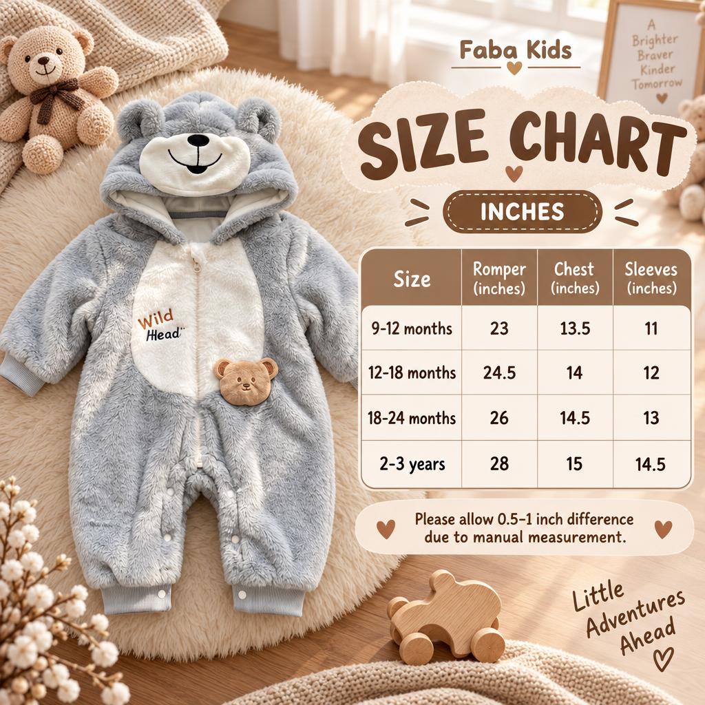 Kids bear face shaggy hooded romper size chart showing 9-12 months through 2-3 years measurements in inches alongside the Grey romper.