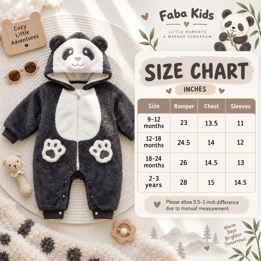 Faba Kids size chart for the Grey panda shaggy hooded romper, showing measurements in inches for sizes 9-12 months through 2-3 years.