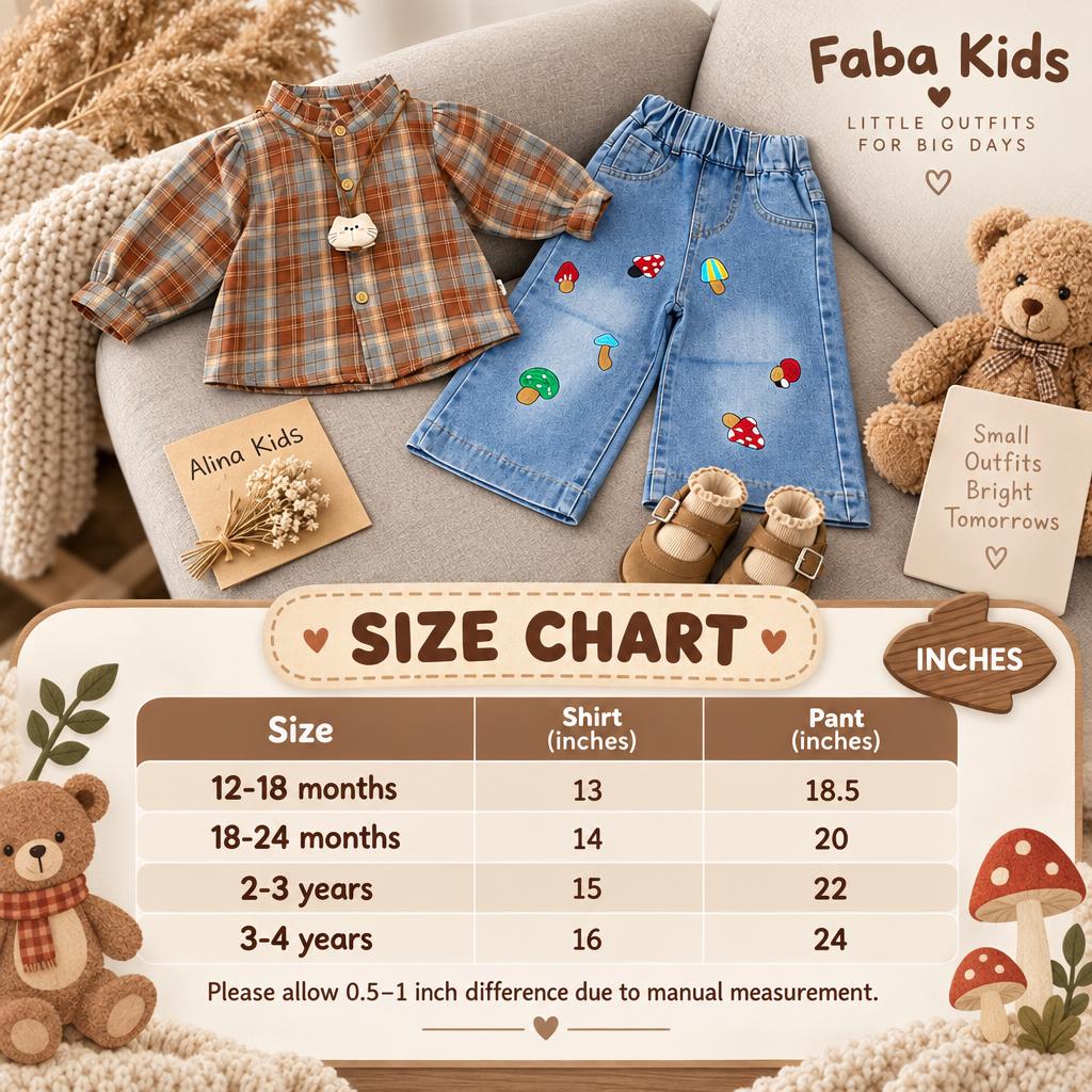 Faba Kids size chart for girls check shirt and mushroom denim-look pant 2-piece suit, showing sizes 12–18 months to 3–4 years with shirt and pant measurements in inches.