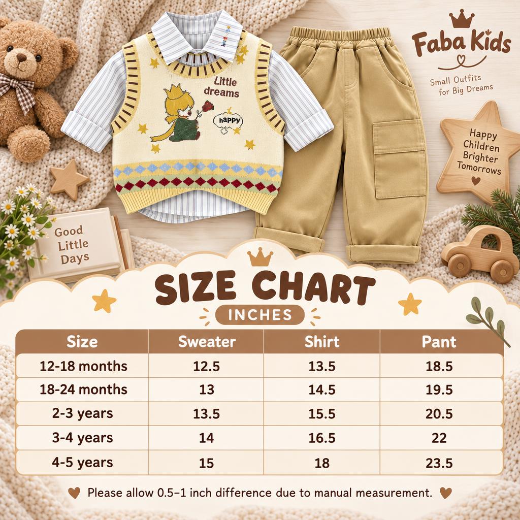 Faba Kids size chart for Little Dreams fox knit vest, striped shirt and cargo trouser 3pc set, covering 12–18 months to 4–5 years.