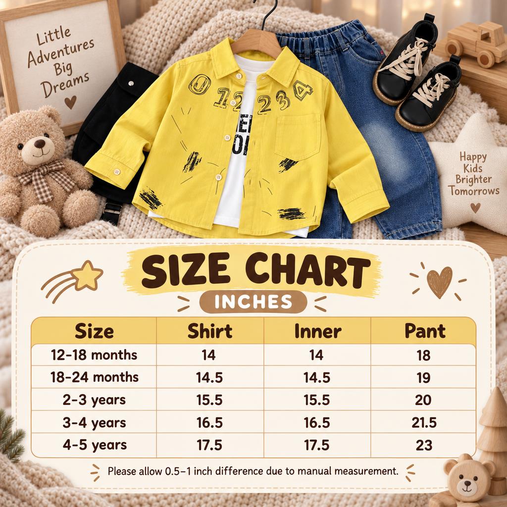 Size chart for boys number-print shirt, inner shirt and denim pant 3pc suit, showing 12-18 months to 4-5 years measurements in inches.