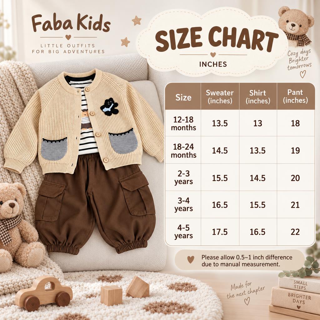 Faba Kids size chart for the boys cardigan, striped shirt and cargo trouser 3PC suit, showing 12-18 months through 4-5 years measurements in inches.