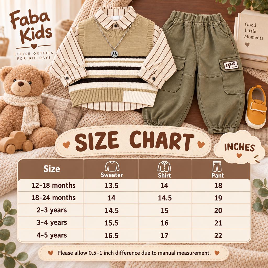 Faba Kids size chart for boys striped knit vest, shirt and cargo trouser 3PC set in sizes 12-18 months through 4-5 years, with measurements in inches.