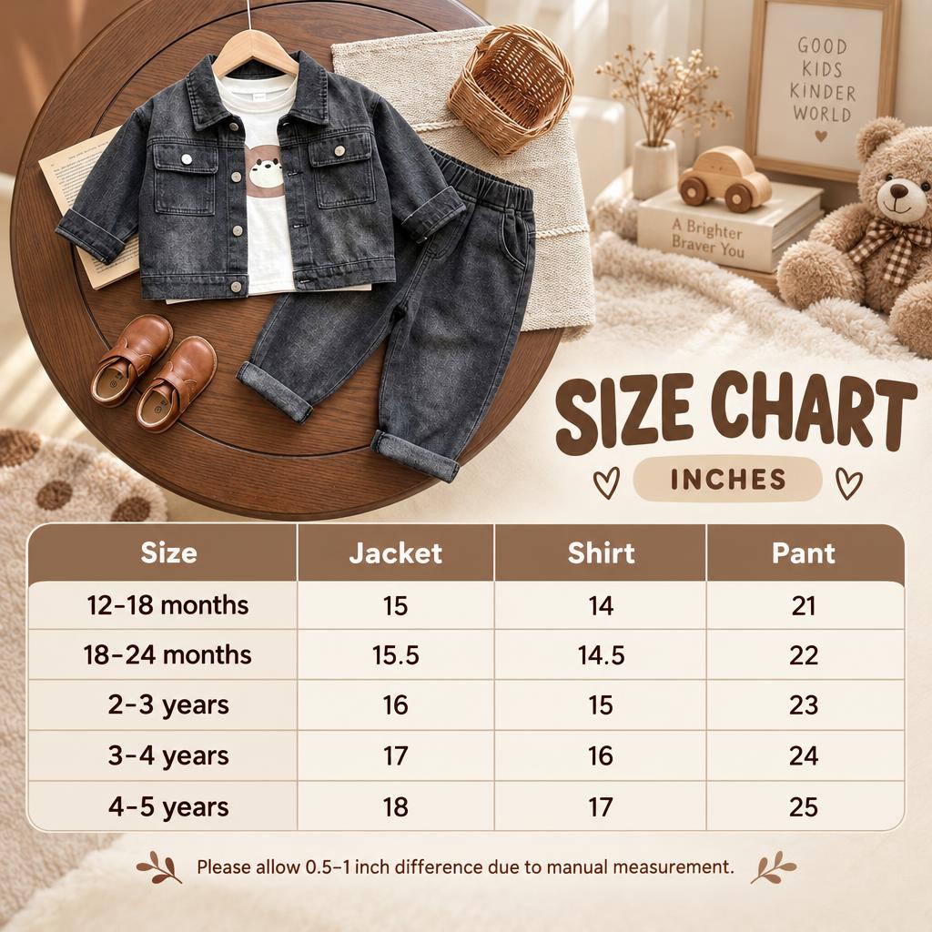 Boys Black washed denim jacket, bear shirt and pant 3-piece suit size chart showing sizes from 12–18 months to 4–5 years in inches.