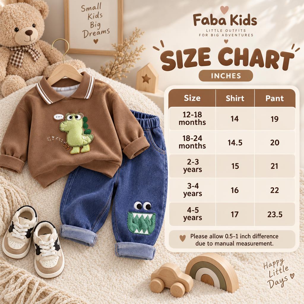 Faba Kids size chart for boys dinosaur sweatshirt and denim pant 2pc suit, showing shirt and pant measurements from 12-18 months to 4-5 years.