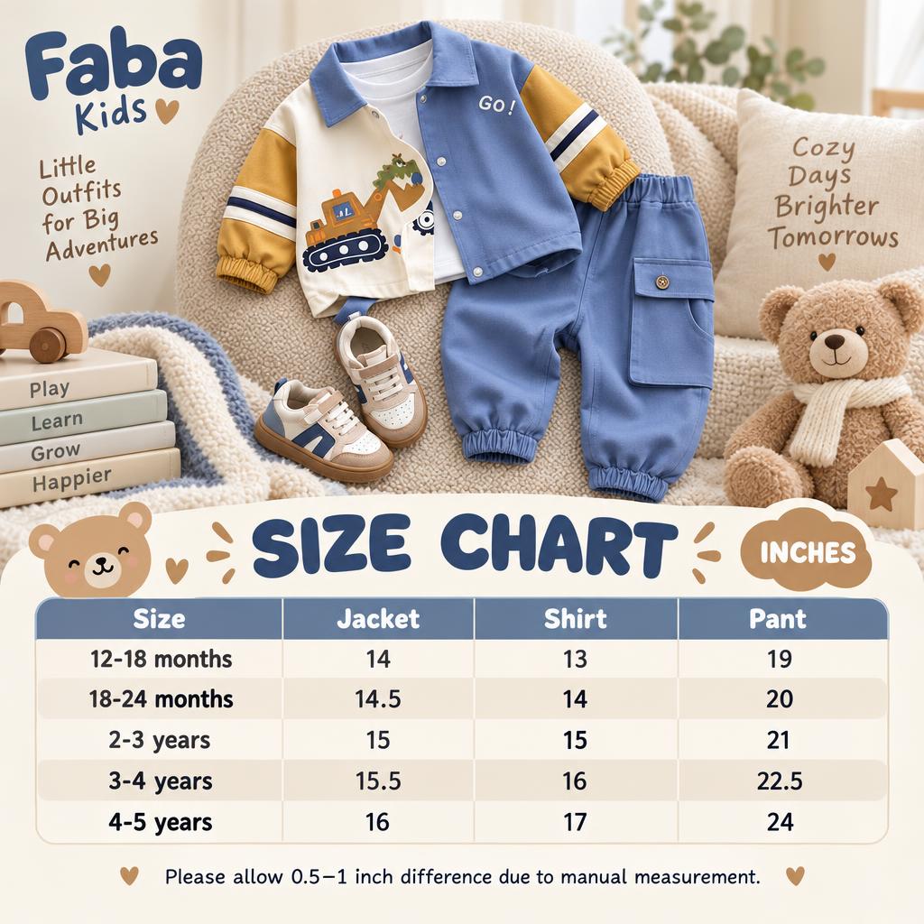 Size chart for boys Blue excavator jacket, shirt and cargo trouser 3pc set, showing measurements in inches for 12-18 months through 4-5 years.