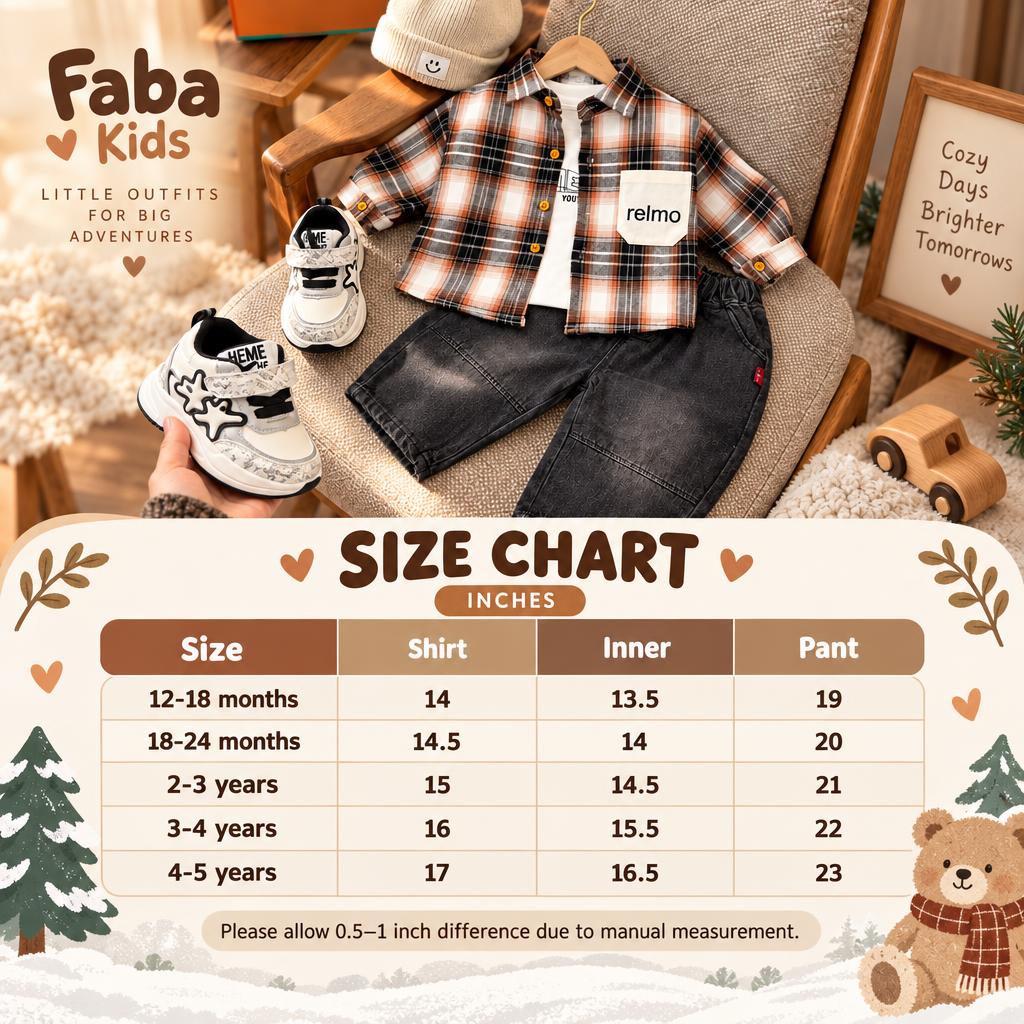 Faba Kids size chart for boys check shirt, inner shirt and denim pant 3pc suit, showing 12–18 months to 4–5 years measurements in inches.