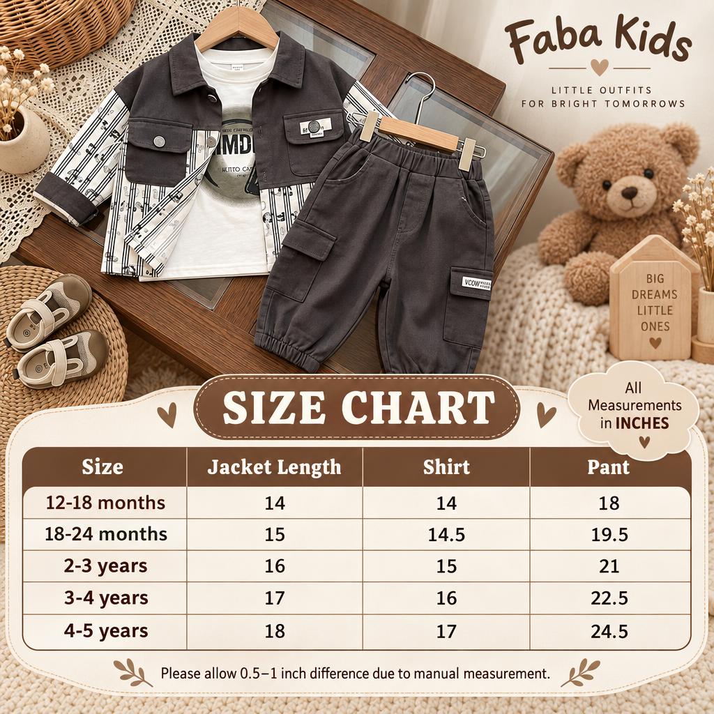 Faba Kids size chart for the boys contrast-panel jacket, shirt and cargo trouser 3PC set, with measurements for 12-18 months through 4-5 years.