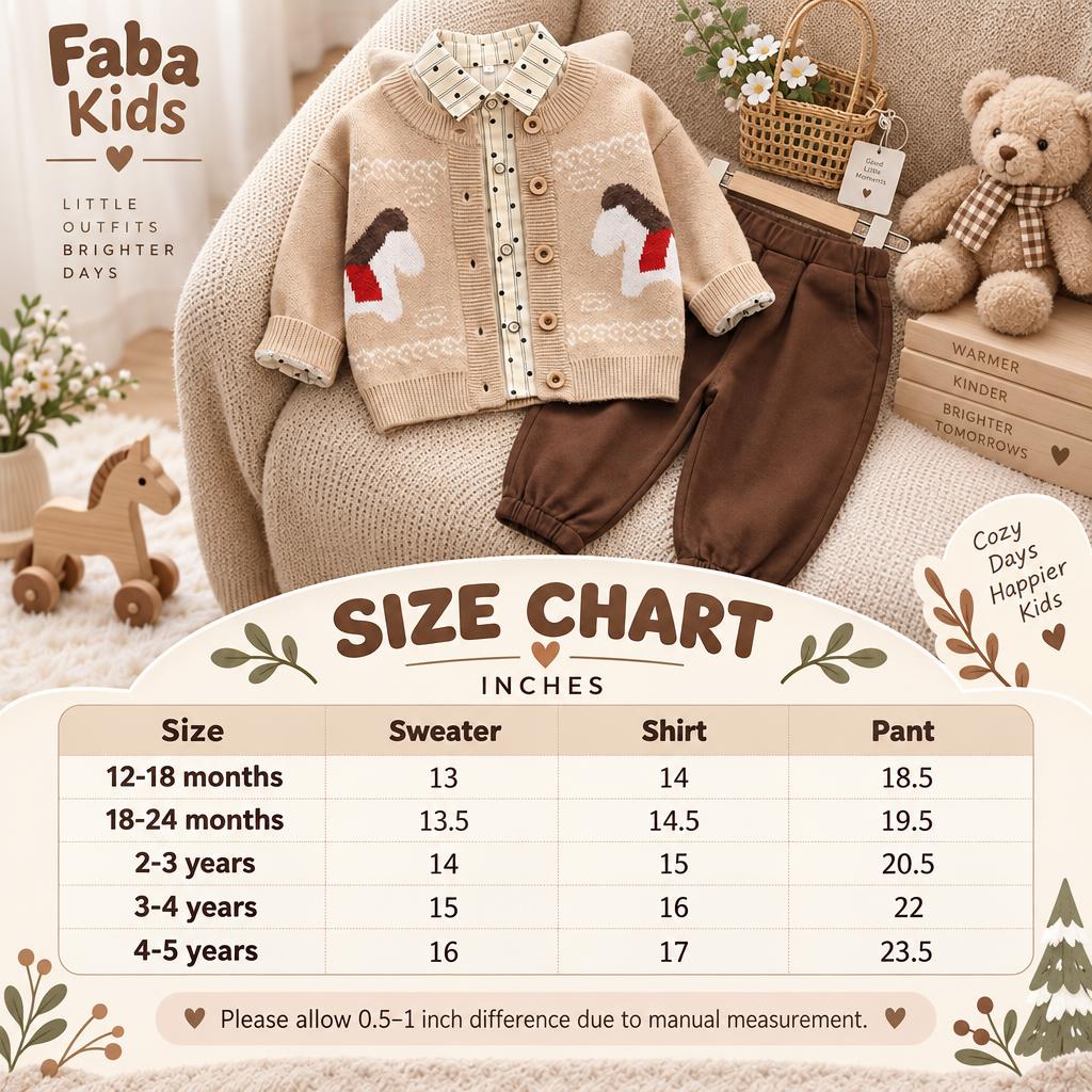 Size chart for the boys horse knit cardigan, shirt and trouser 3-piece set showing measurements for 12-18 months through 4-5 years.