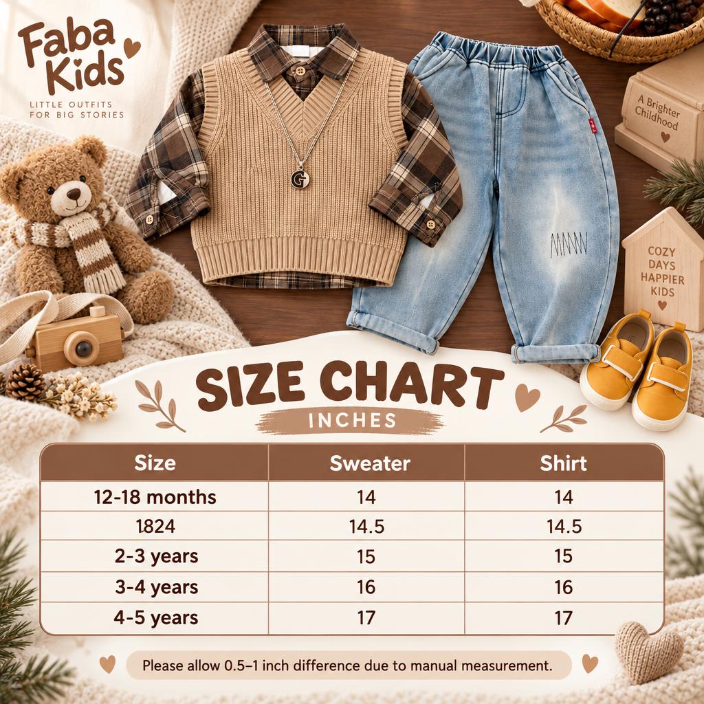 Faba Kids size chart for the boys V-neck knit vest and check shirt 3pc suit, showing 12–18 months through 4–5 years measurements in inches.