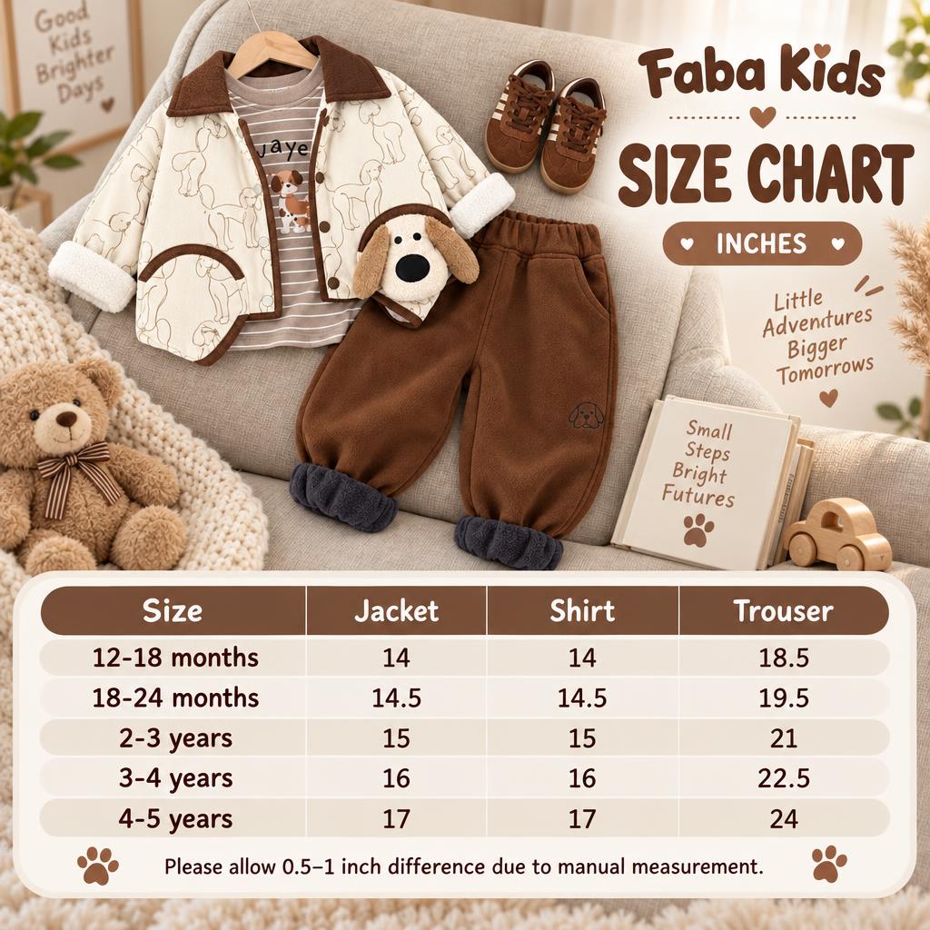 Faba Kids size chart for the boys puppy print jacket, shirt and trouser 3pc suit, showing sizes from 12-18 months to 4-5 years with measurements in inches.