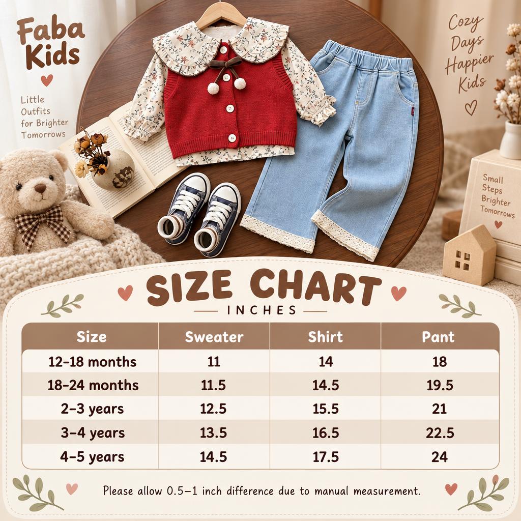 Girls floral collar sweater and lace-hem denim pant 3PC suit size chart showing sweater, shirt and pant measurements for 12–18 months to 4–5 years.