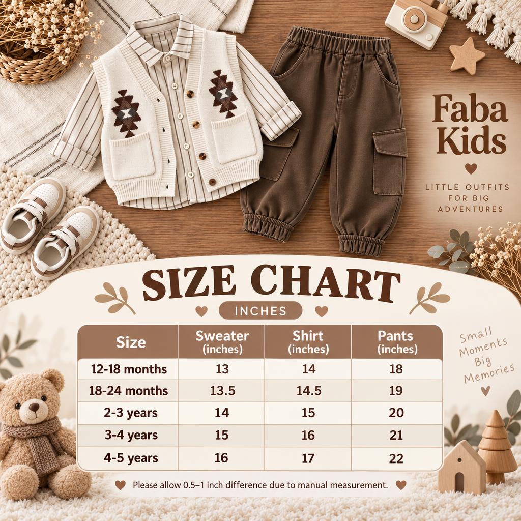 Faba Kids size chart for boys Aztec knit vest, striped shirt and cargo trouser 3pc set, showing 12–18 months through 4–5 years measurements in inches.