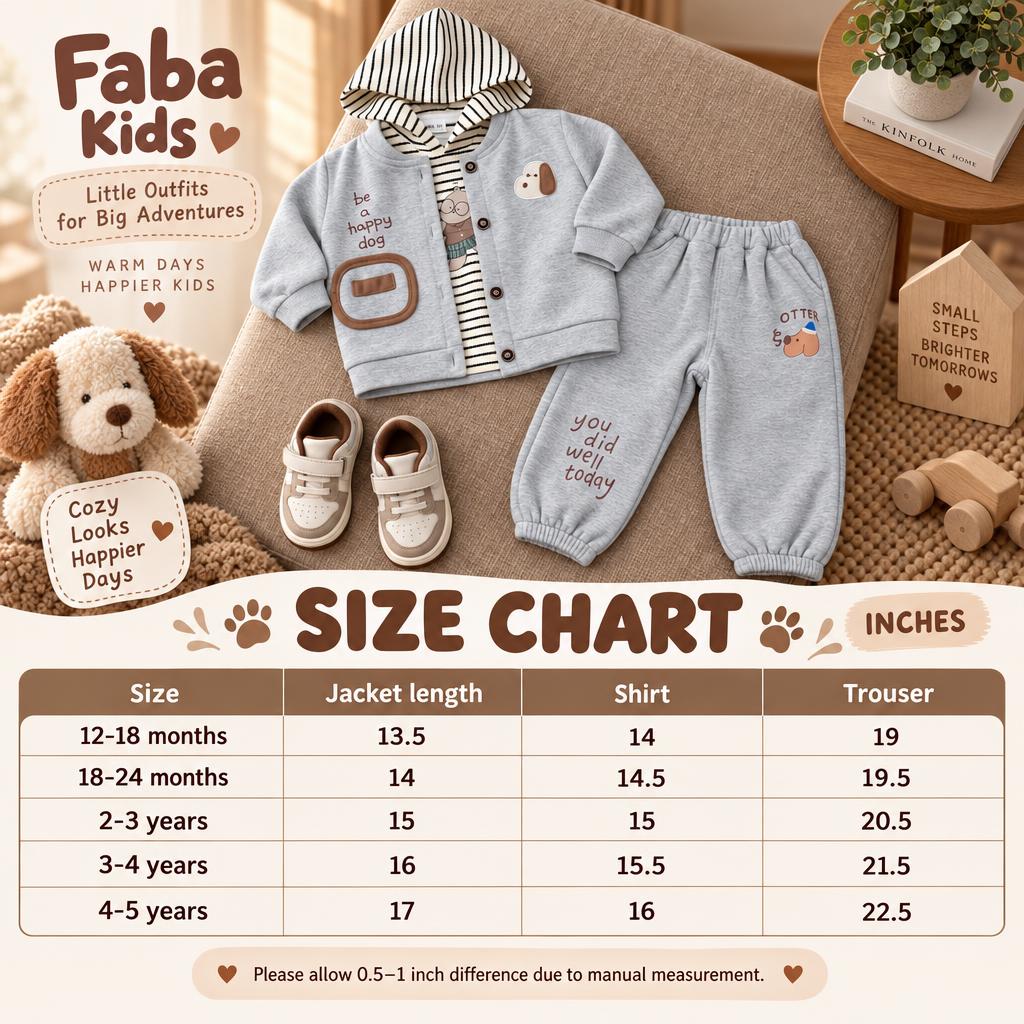 Faba Kids size chart for the Grey Happy Dog jacket, hooded shirt and jogger trouser 3pc set, covering sizes 12-18 months to 4-5 years.