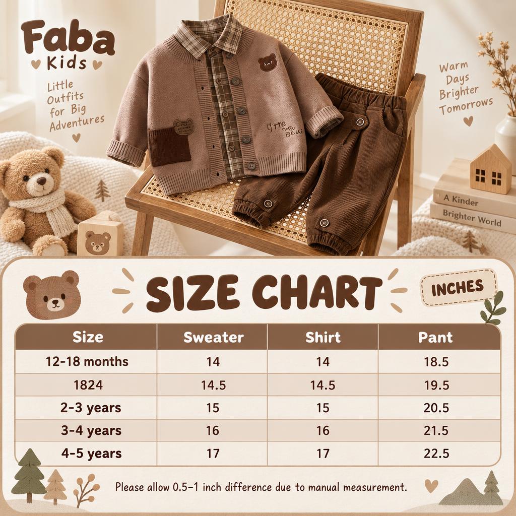 Faba Kids size chart for the boys teddy knit cardigan, check shirt and trouser 3pc set, showing sizes from 12–18 months to 4–5 years in inches.