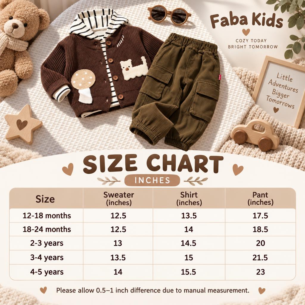 Size chart for boys bear patch knit cardigan, hooded shirt and cargo trouser 3pc suit, showing sizes from 12-18 months to 4-5 years.