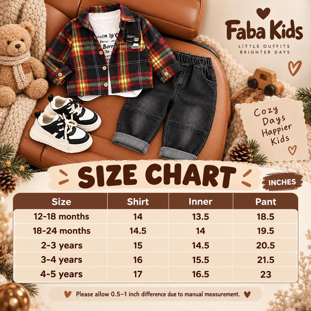 Faba Kids size chart for boys check shirt, inner shirt and denim pant 3-piece suit, showing 12–18 months through 4–5 years measurements in inches.