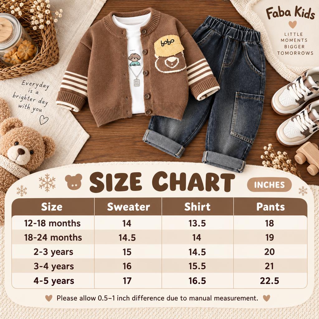 Faba Kids size chart for the boys Brown cardigan, shirt and denim pant 3-piece sweater suit, covering sizes 12-18 months through 4-5 years.