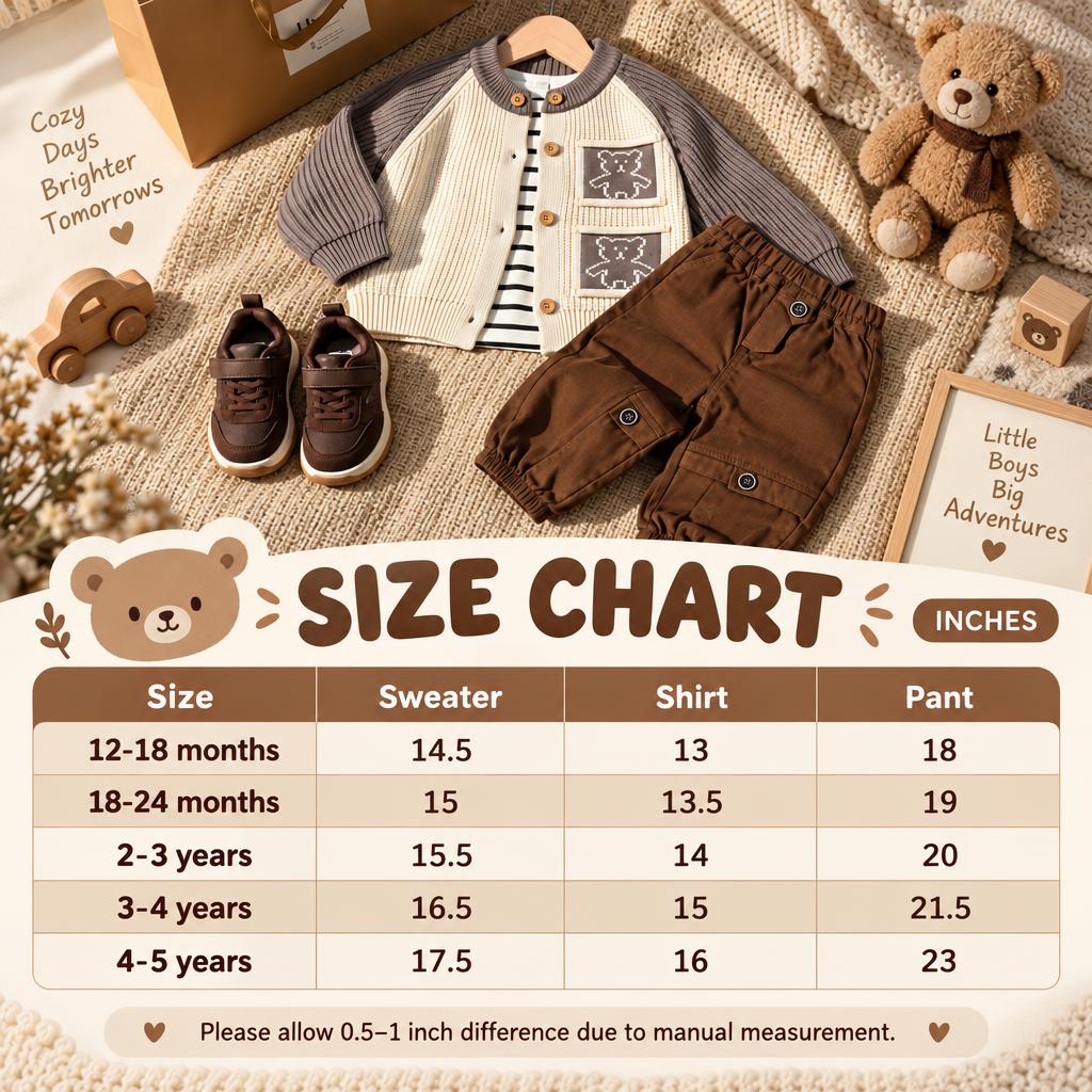 Size chart for boys bear pocket knit cardigan, striped shirt and cargo trouser 3-piece suit in sizes 12-18 months to 4-5 years.