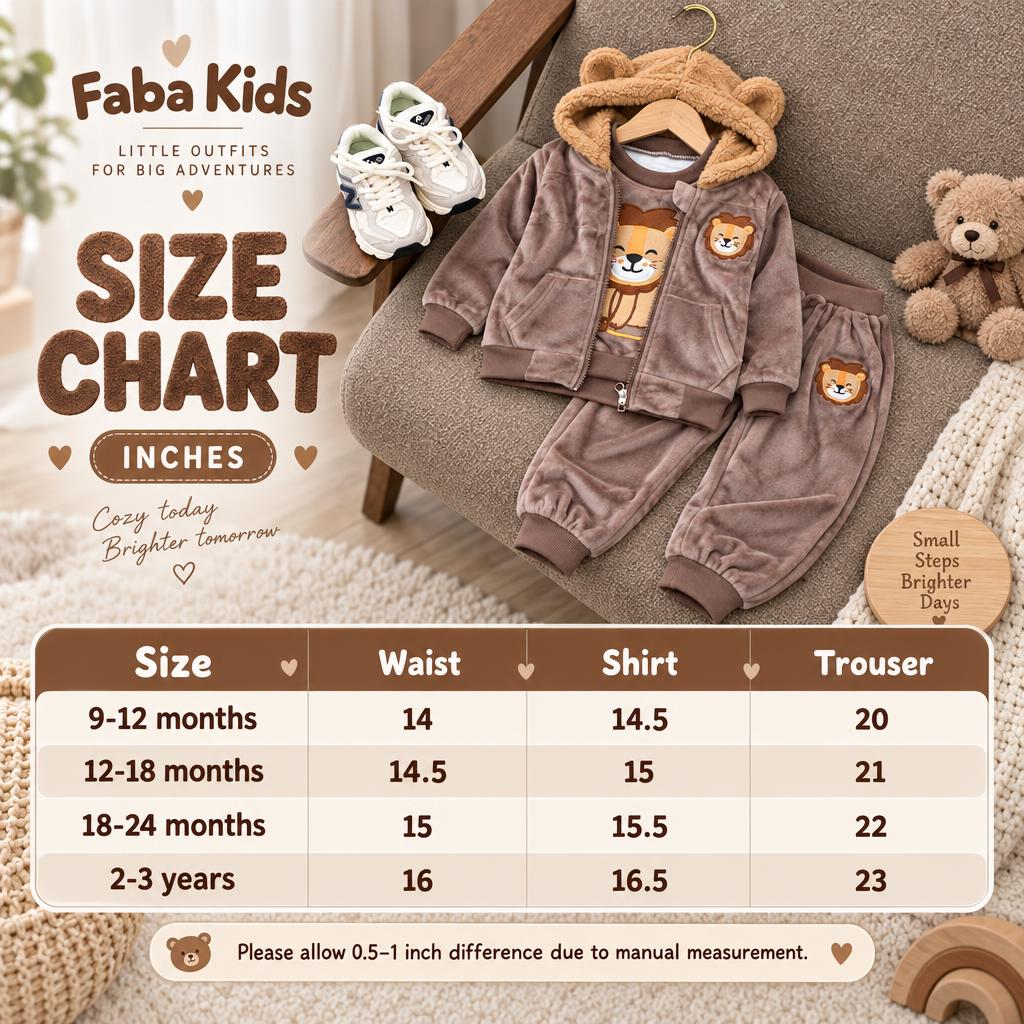 Faba Kids size chart for the teddy ear hooded velvet jacket, shirt and trouser 3pc suit, showing 9-12 months through 2-3 years measurements in inches.