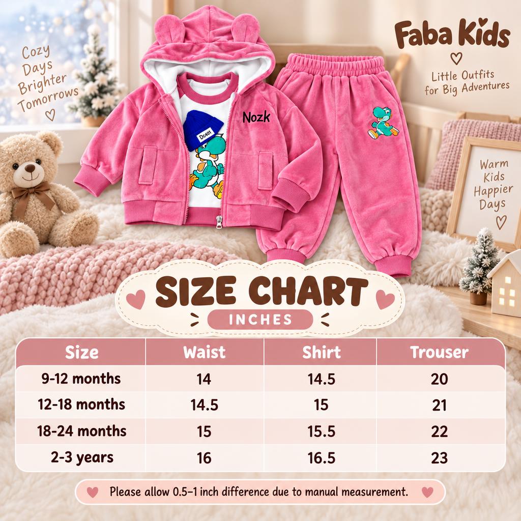 Faba Kids size chart for the Pink Dino Ear Hooded Velvet 3PC Suit, showing 9-12 months through 2-3 years measurements in inches.