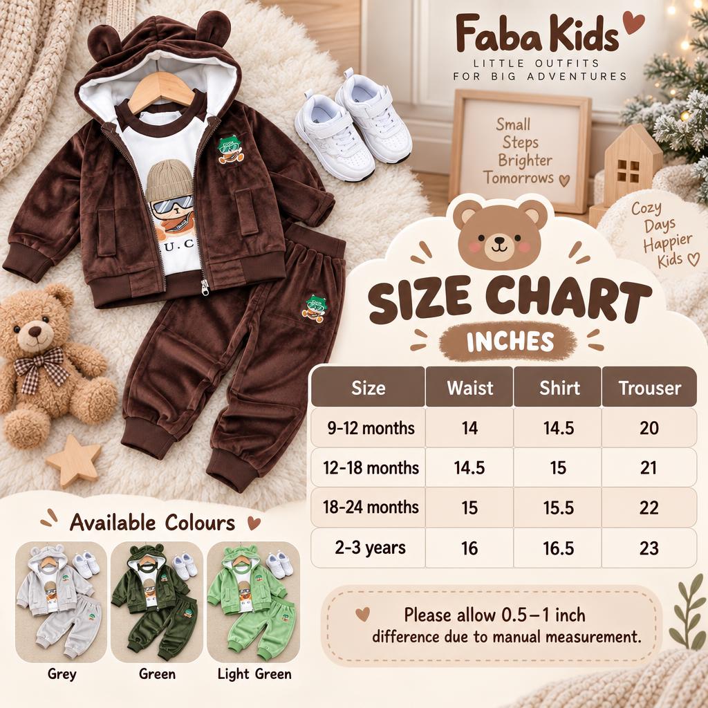 Size chart for kids bear-ear hooded velvet jacket, shirt and trouser 3-piece suit in 9-12 months through 2-3 years, with waist, shirt and trouser measurements in inches.