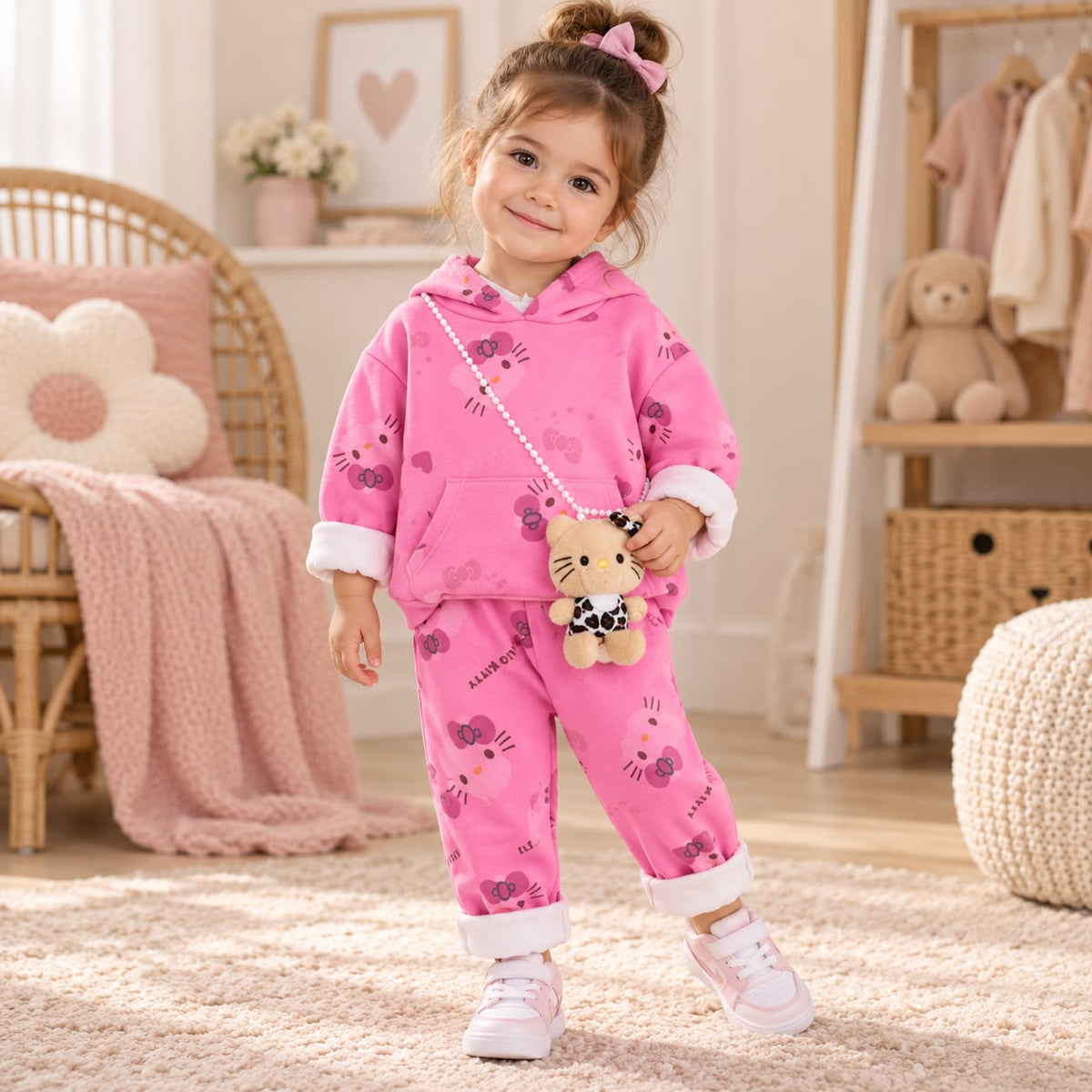 Dark pink girls 2PC hooded shirt and trouser winter set