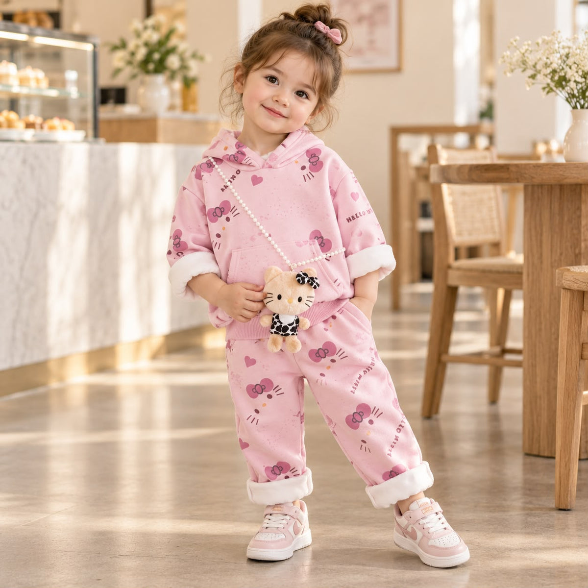 Pink girls 2PC hooded shirt and trouser winter set