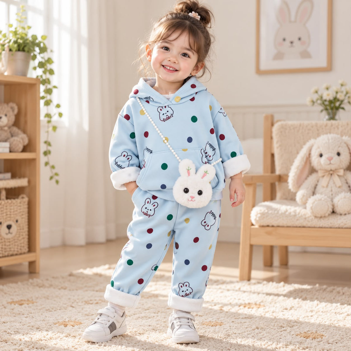 Pink girls rabbit print 2PC hooded shirt and trouser winter set