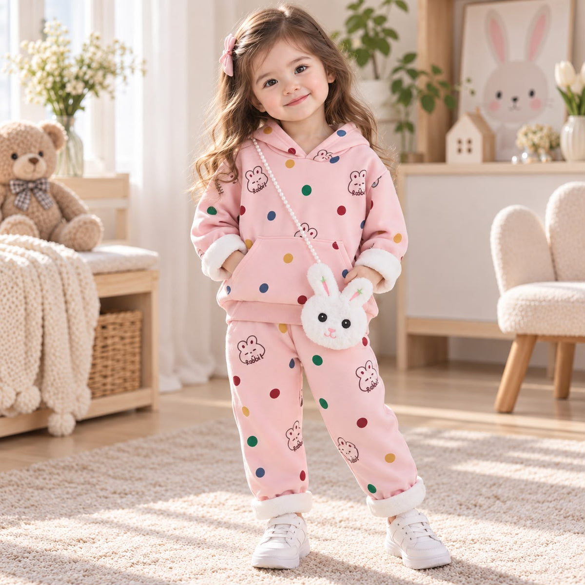 Sky girls rabbit print 2PC hooded shirt and trouser winter set