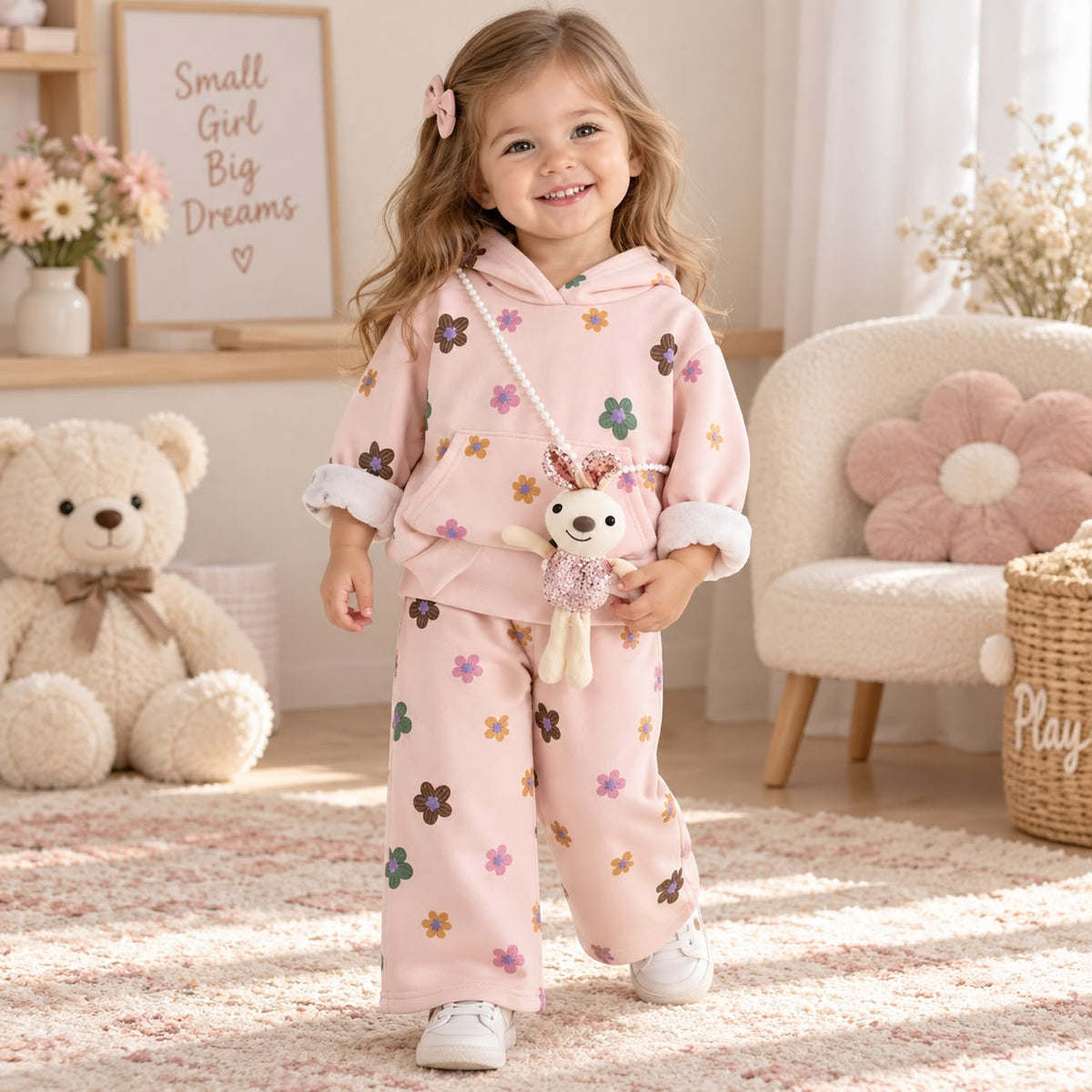 Cream girls floral 2PC hoodie and trouser winter set