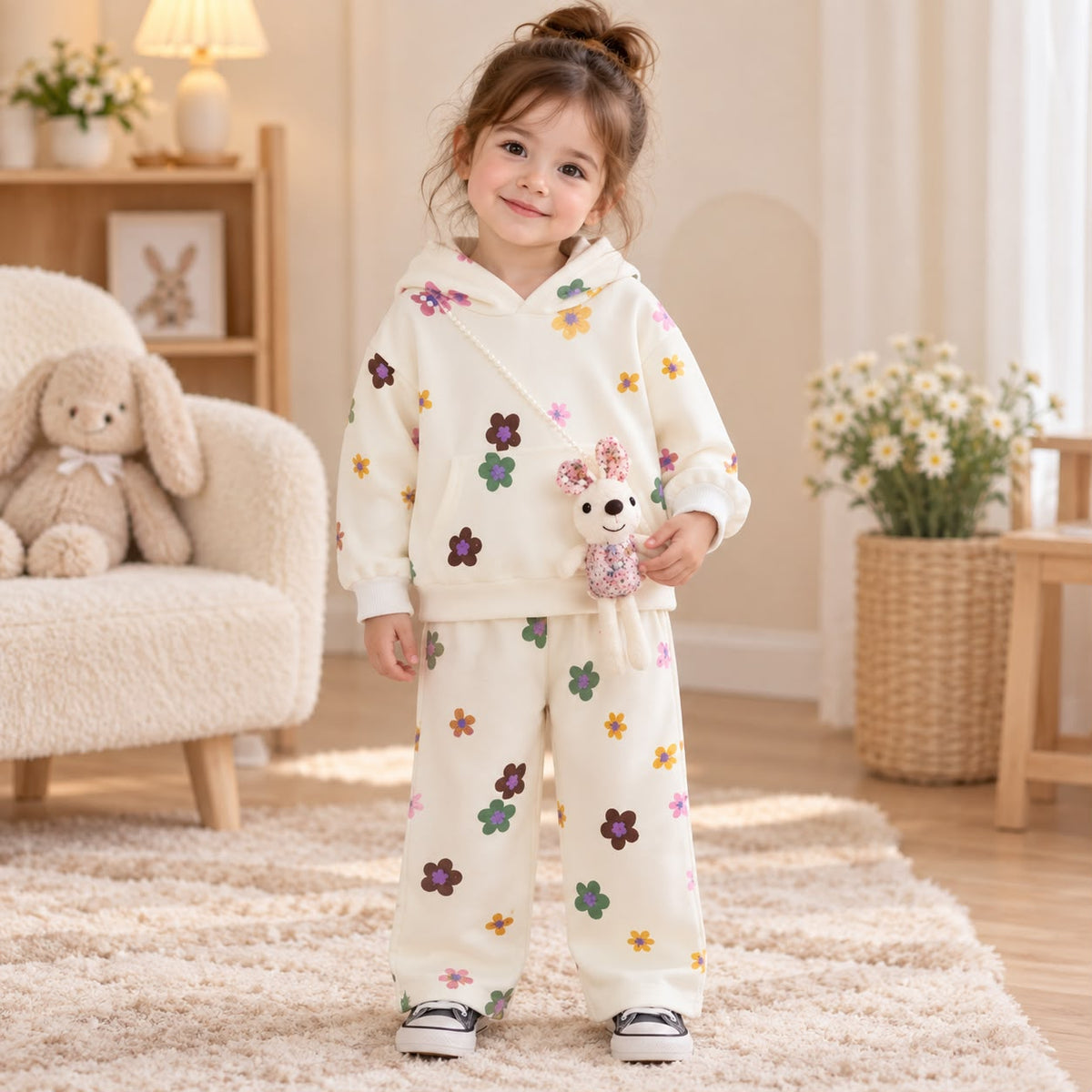 Pink girls floral 2PC hoodie and trouser winter set
